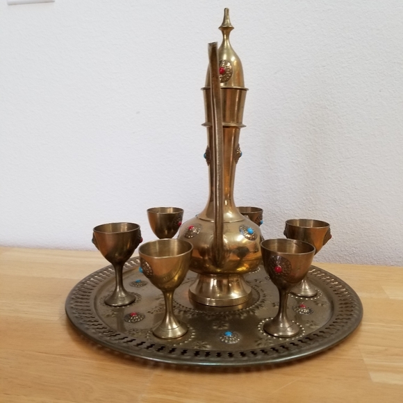 #1099 8 pcs Morocco Wine Tea Coffe brass stone set - Picture 3 of 16